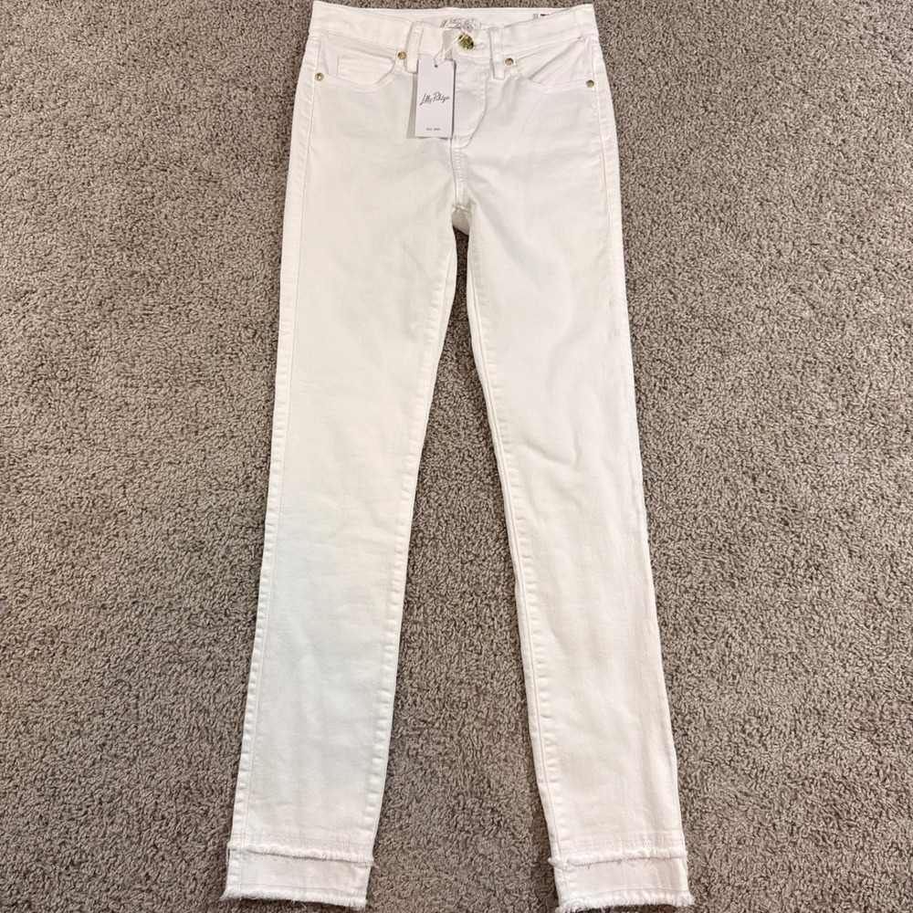 Lilly Pulitzer South Ocean High Rise Skinny Jeans Women 00 White NWT Frayed Hem